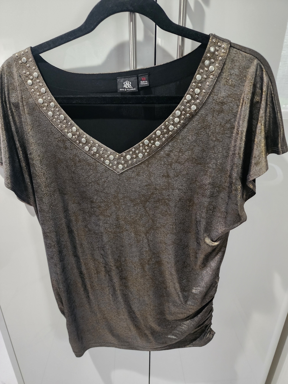 Rock & Republic Metallic Taupe Short-Sleeve Studded V-Neck Top